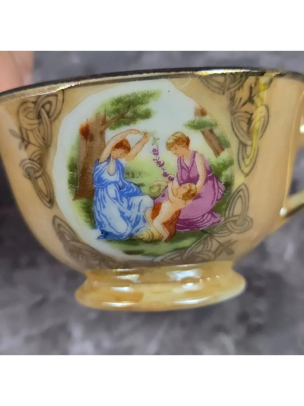 Vintage Peach Lusterware Demitasse Cup Saucer Two Ladies Child Made in Japan